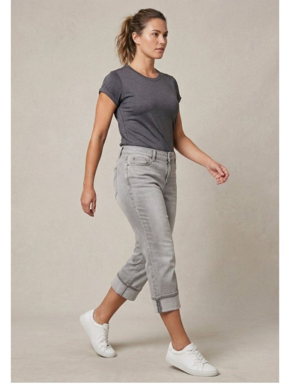 NYDJ "Dayla" Hi-Rise Straight Leg Wide Cuff Capri/Cropped Jeans Grey Women 14
